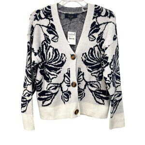 New Rachel Roy Nordstrom Floral Knit Cardigan Sweater Navy & White Medium
